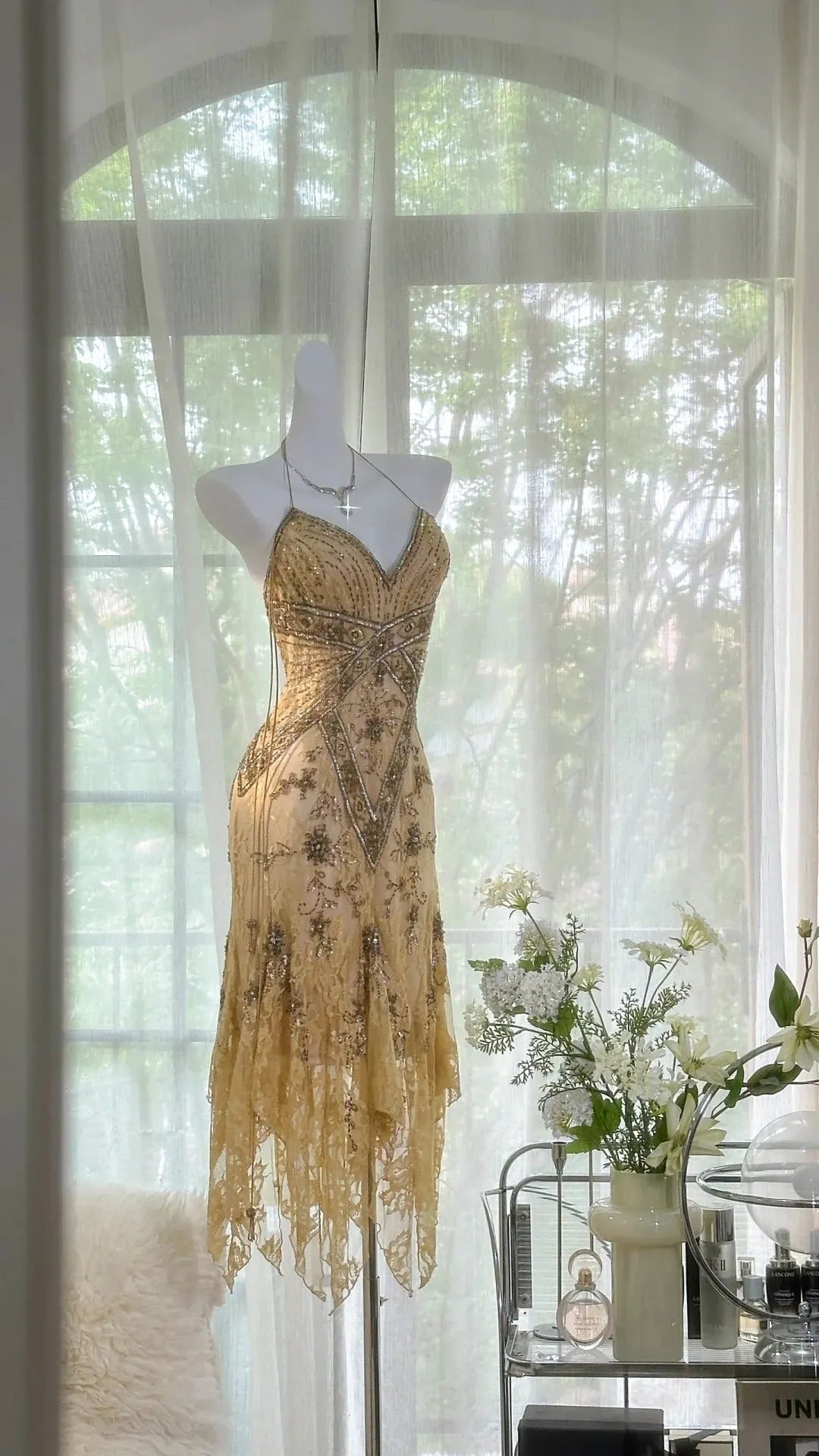 Lit yellow brown gorgeous and elegant vintage exquisite beaded long chiffon lace ball dress evening dress birthday party dress prom dress 3950