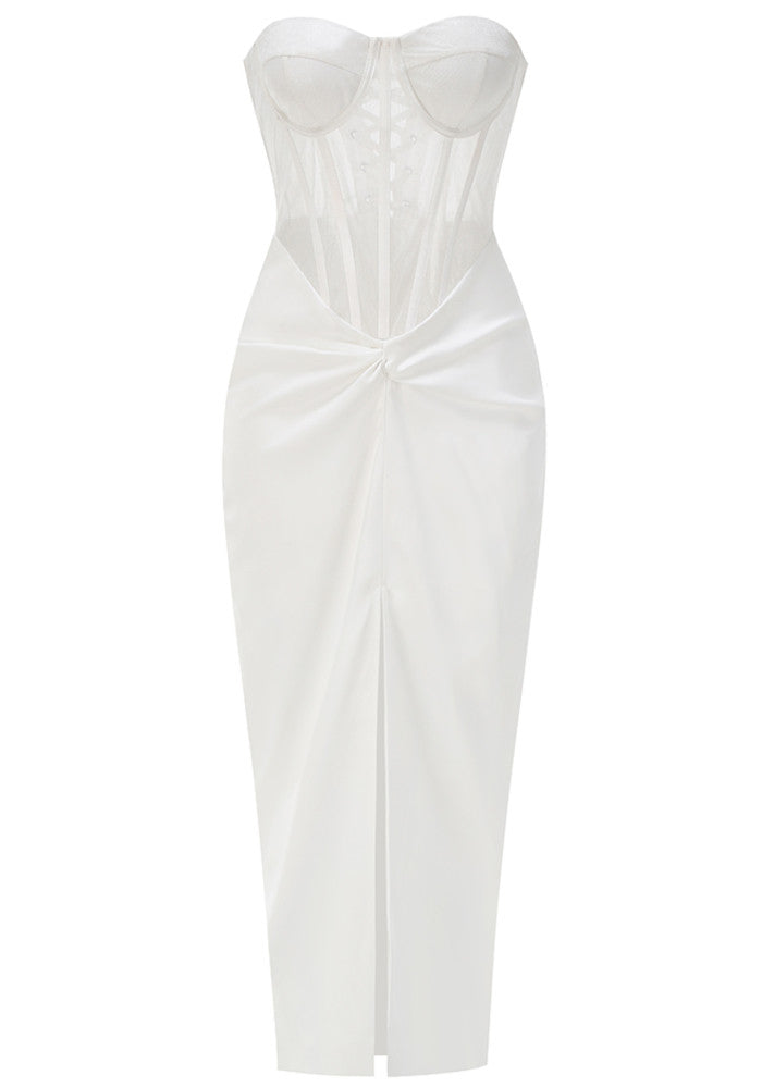 Strapless Mesh Corset Maxi Dress White