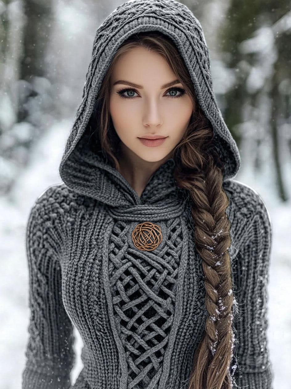 Women's Viking Style Knitted Cozy Hooded Sweater
