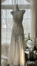 Ivory Vintage Elegant Shiny Exquisite Rhinestone Beading Long Chiffon Ball Gown Evening Dress Birthday Party Dress Prom Dress Graduation Dress 3945