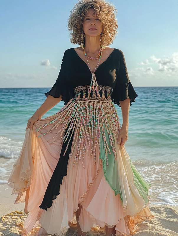 Summer vacation fashion elegant contrast color dress 6532