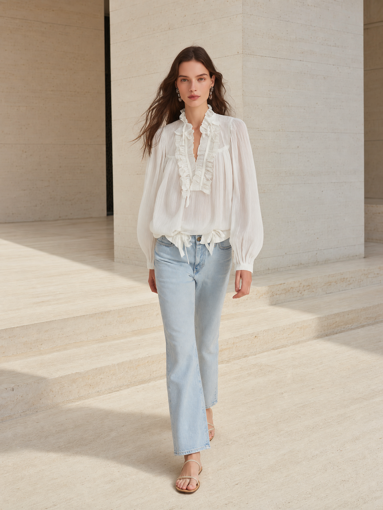 Women's V-Neck Ruffled Trim Lantern Sleeve Blouse with Tie Front