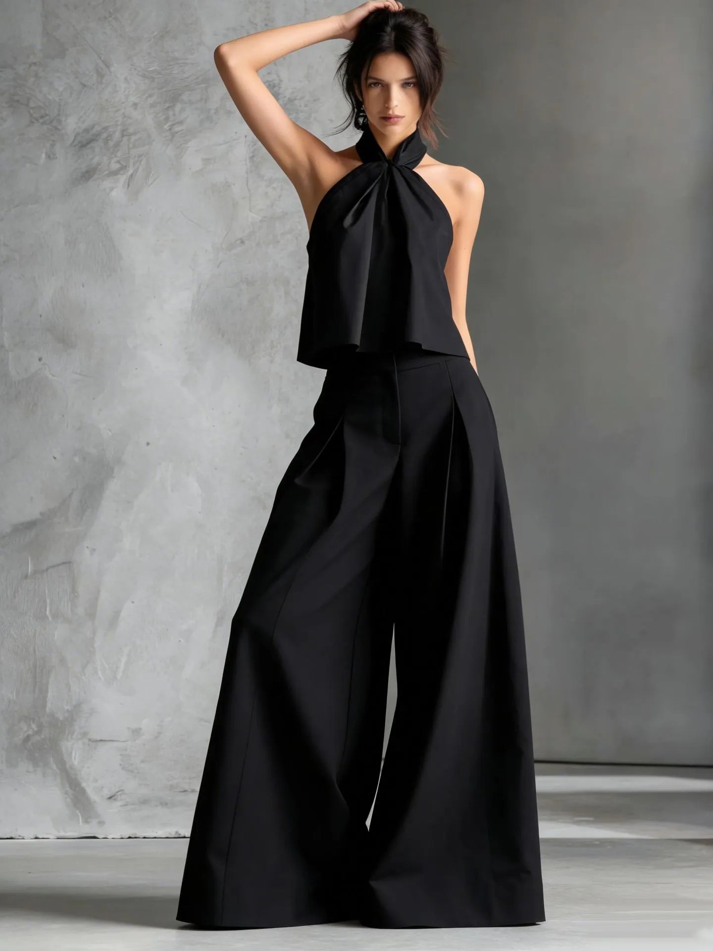 Minimalist Halter Neck Two-Piece Set - Chic Sleeveless Crop Top & High-Waisted Wide-Leg Pants Summer Suite