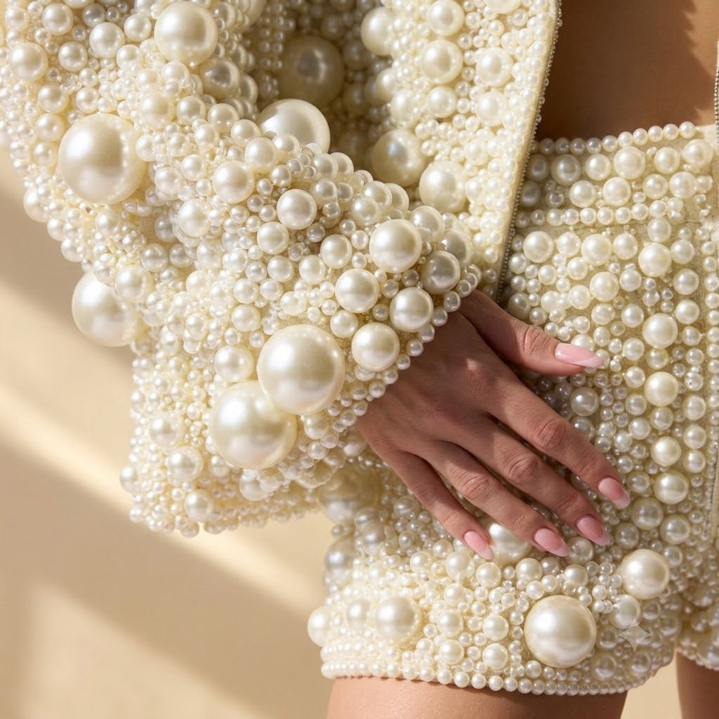 Statement Ivory Pearl Encrusted Jacket & Shorts Set - Handcrafted Luxury Two-Piece Suit
