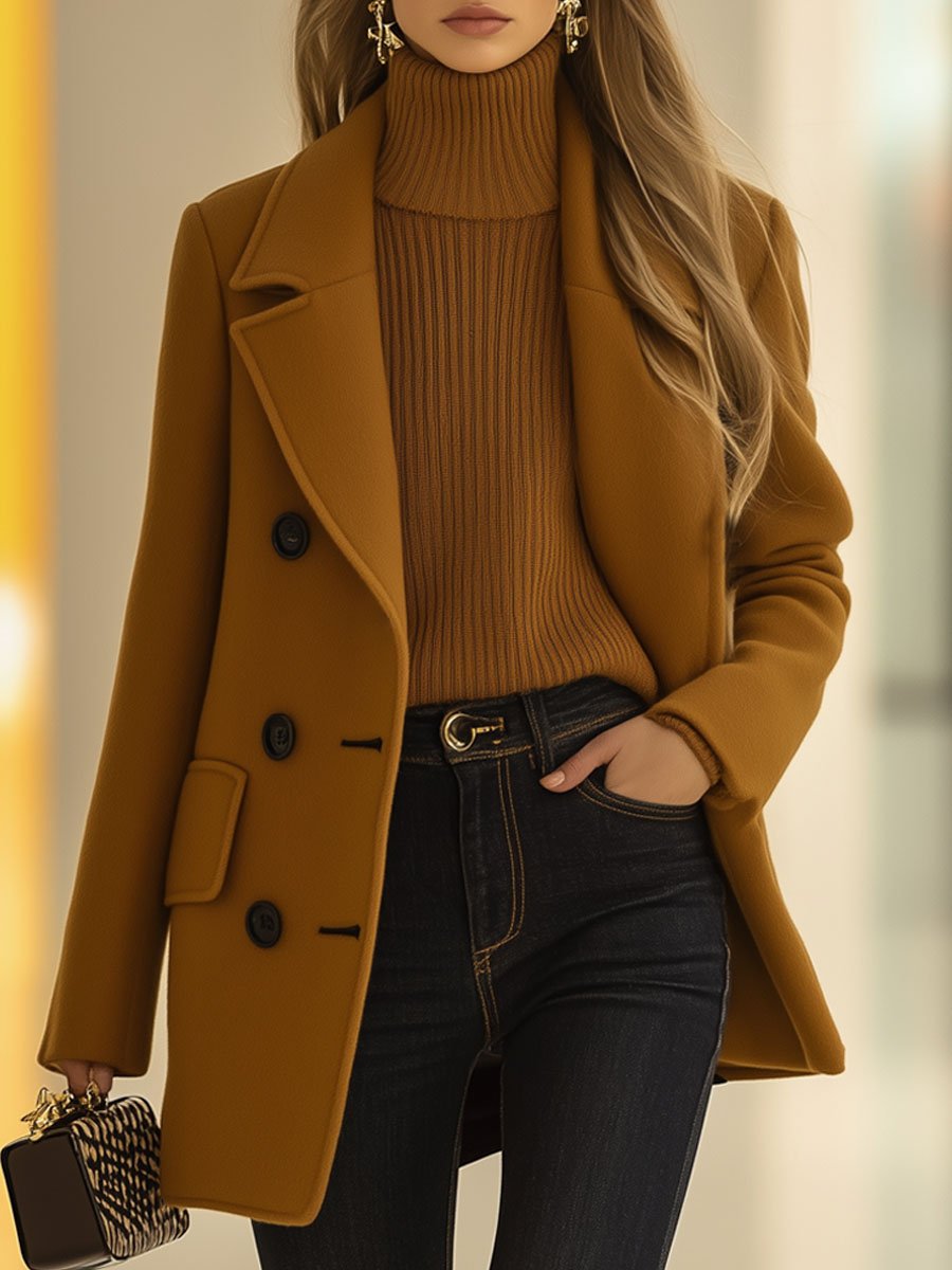 [24-hour shipping out]Casual Loose Retro Camel Wool Double-Breasted Mid-Length Coat