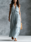 Elegant Sky Blue Ruched Tiered Maxi Dress