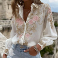 Women's Pink Rose Embroidery Art Long Sleeve Linen Blend Shirt