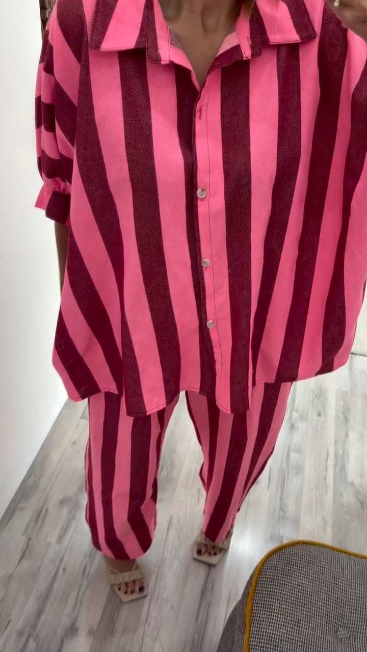 Women's Striped Print Casual Suit With Lapel