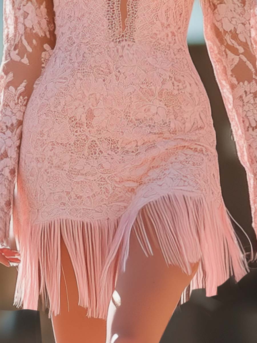 [24-hour shipping out]Fashion Western Spaghetti Strap Off-Shoulder Hem Tassel Pink Lace Mini Dress