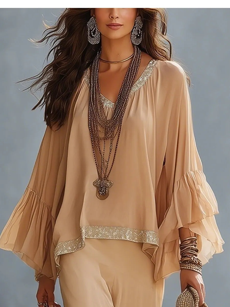 Vacation-Style Nude Wide Leg Set With Sequin Trimmed Ruffles