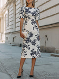 Botanical Print Short Sleeve Midi Dress