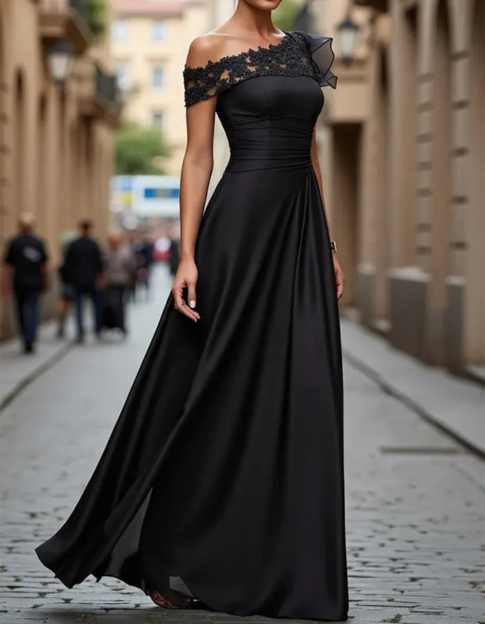 Black Satin Lace Floor-Length Maxi Dress