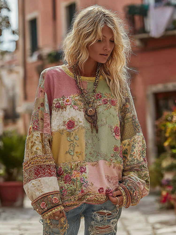 Women's Retro Bohemian Floral And Rose Comfortable Crew Neck Sweatshirt
