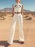 [24-hour shipping out]Retro Western Style Embroidered Stand Collar Sleeveless Wide Leg Jumpsuit