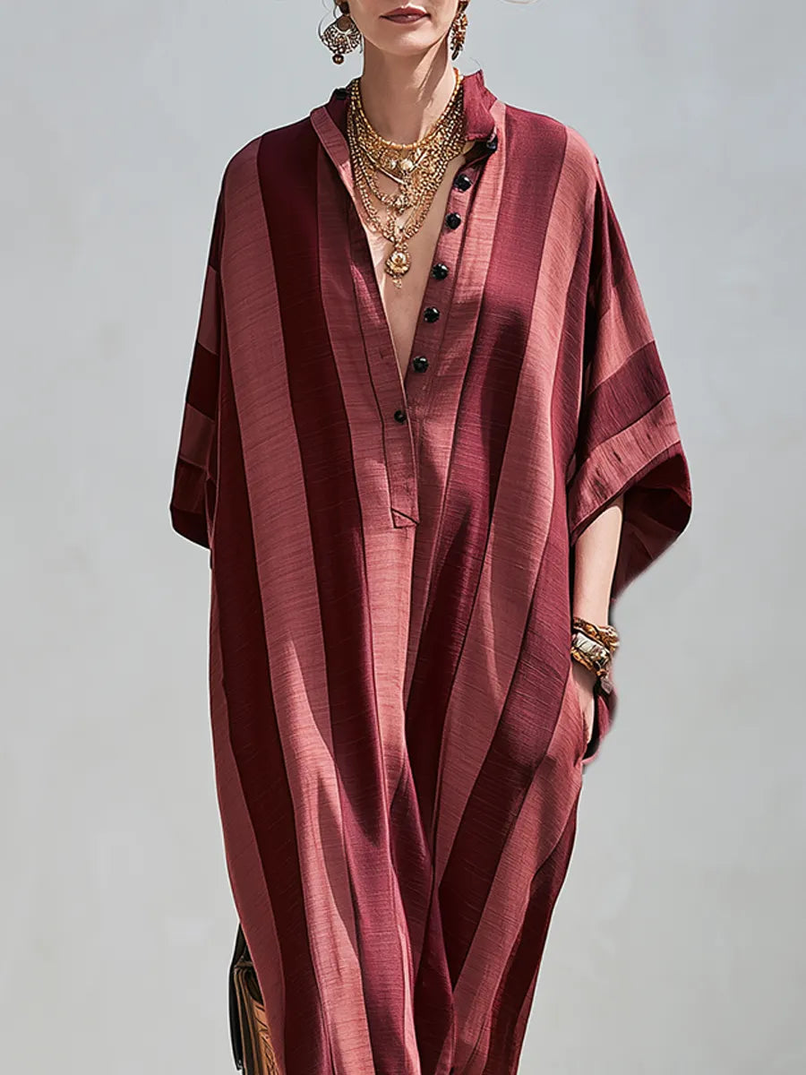 Bohemian Style Burgundy Striped Kaftan Maxi Dress