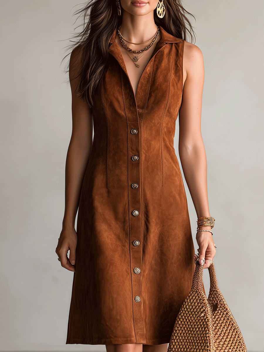 Bohemian Suede-Look Resort Cognac Brown Button-Front Midi Dress