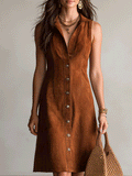 Bohemian Suede-Look Resort Cognac Brown Button-Front Midi Dress