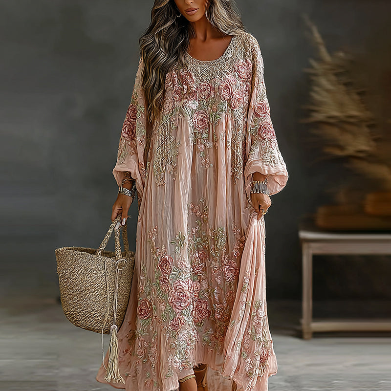 Women's Vintage Floral Art Flowy Linen Blend Casual Long Sleeve Maxi Dress