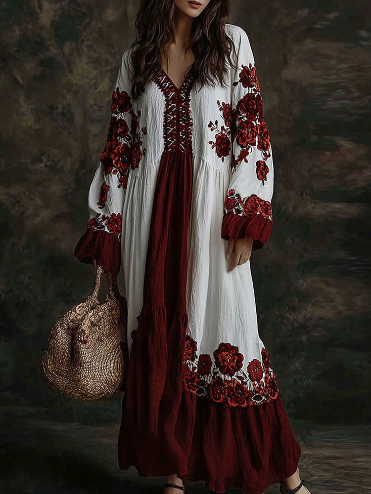 Women's Floral Art Print Flowy Linen Blend Casual Long Sleeve Maxi Dress
