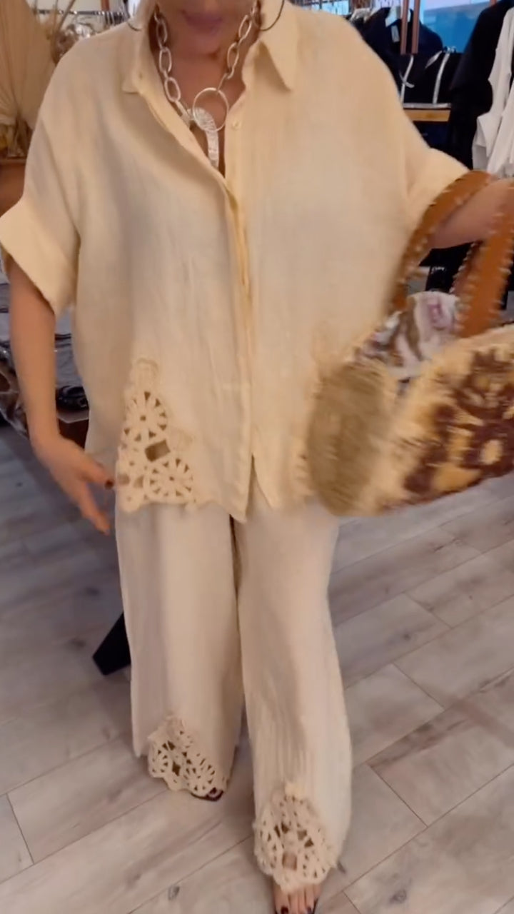 Beige Crochet Linen Two-Piece Set
