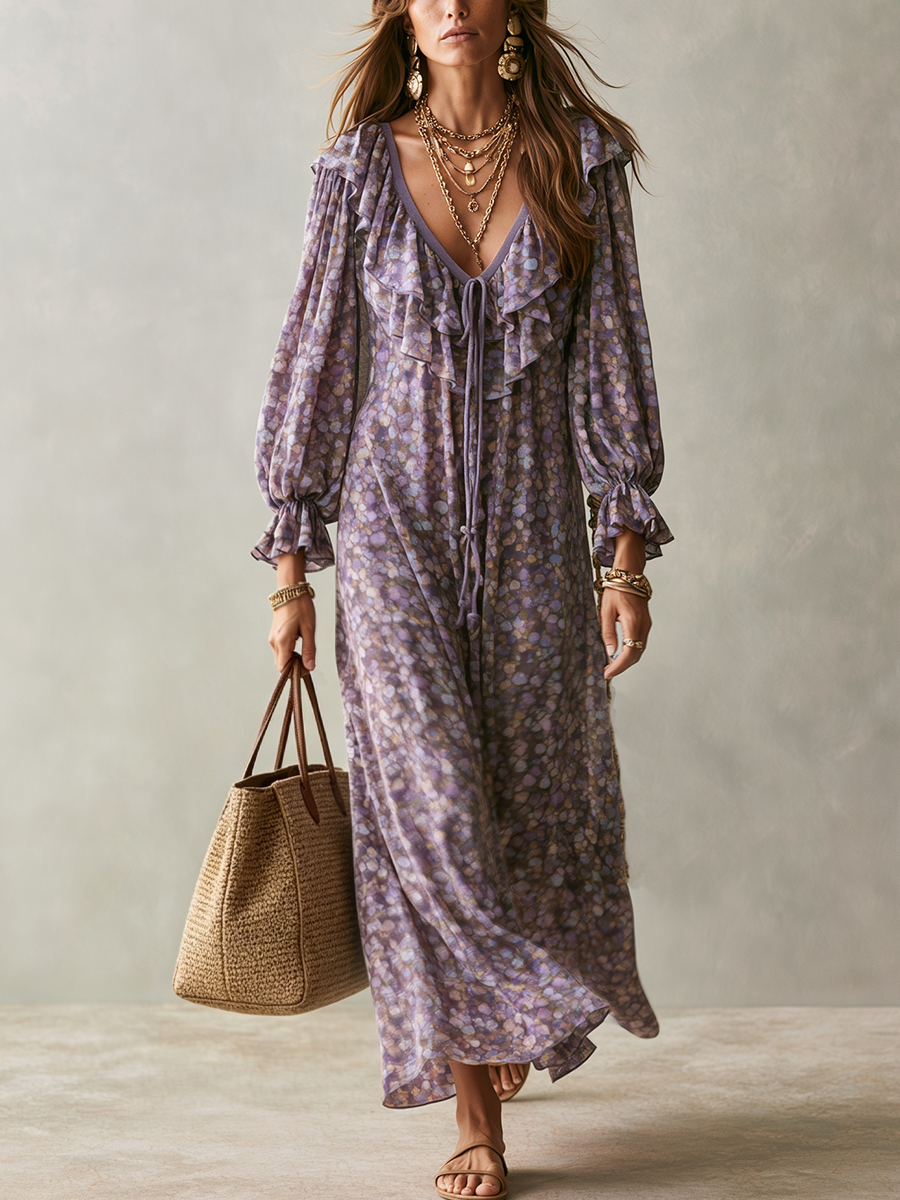 Romantic Lavender Ruffle Tie-Front Maxi Dress