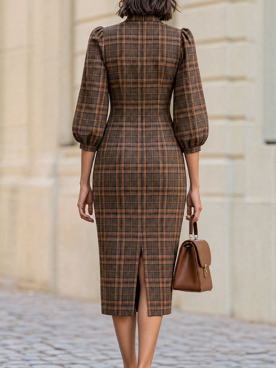 High Neck Puff Balloon Sleeve Brown Plaid Midi  Dress
