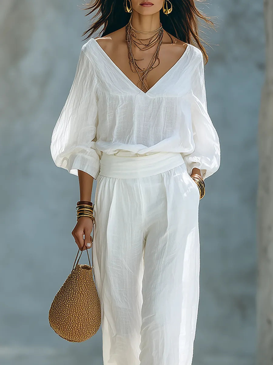 Minimalist Bohemian Style White Linen Puff Sleeve Top And Pants Set