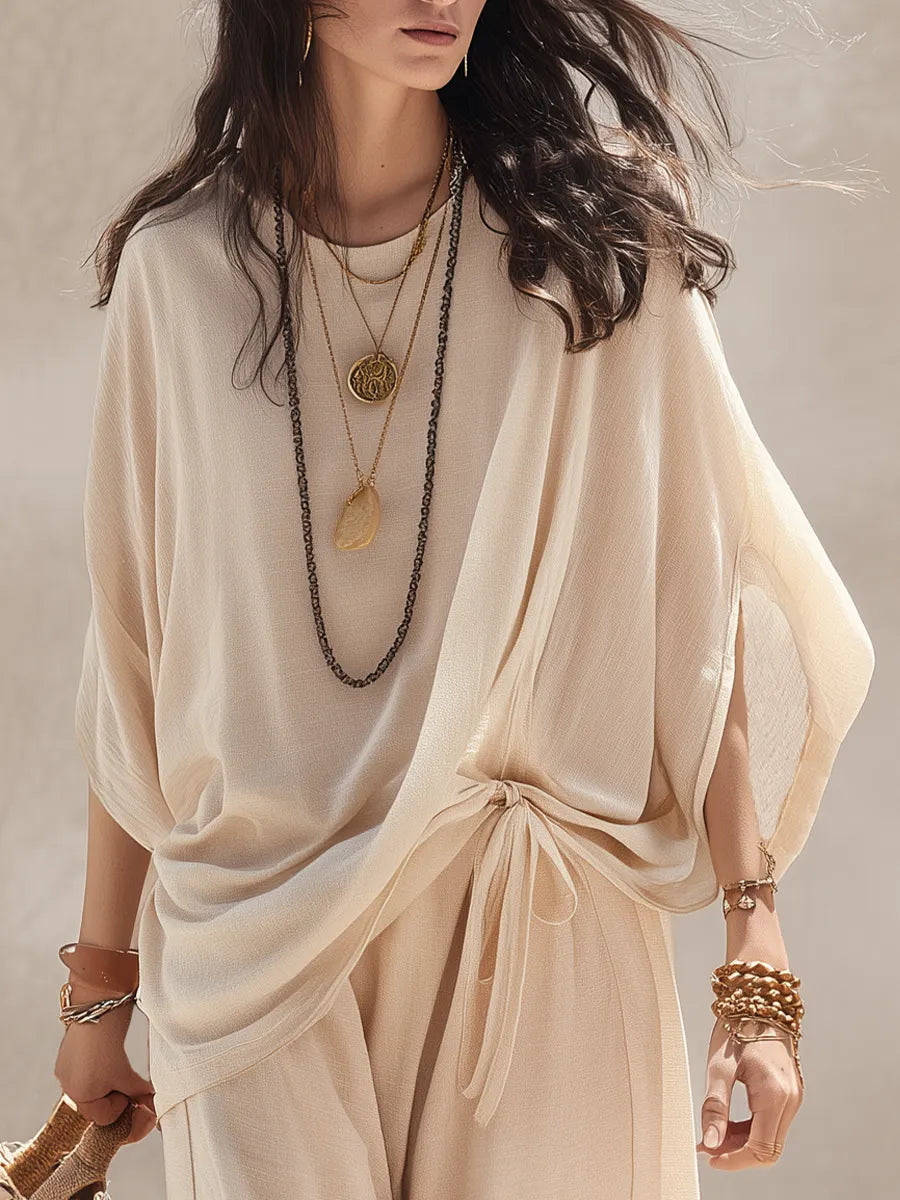 Effortless Beige Draped Sleeveless Co-ord Set