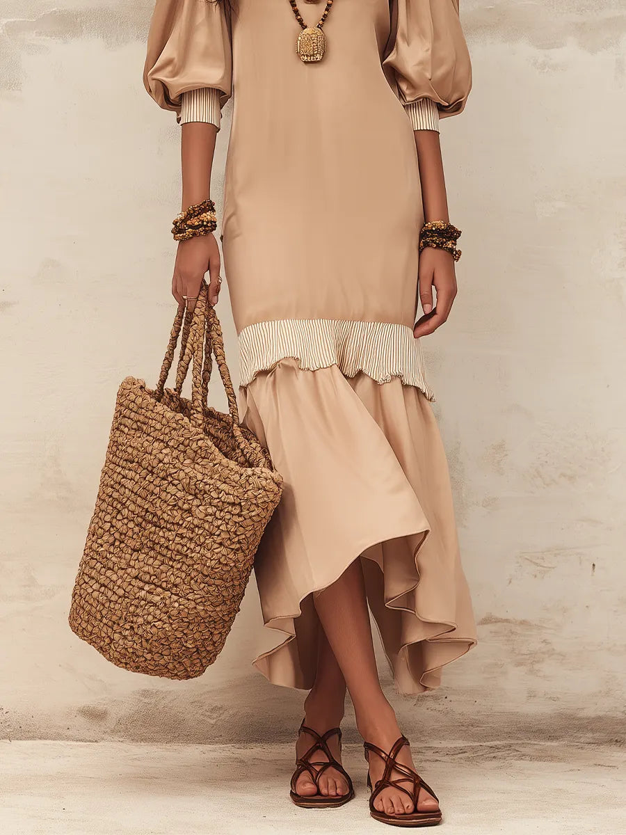 Flowy Nude Ruffled Dress With Puff Sleeves — An Elegant With Effortless Feminine Style  Maxi Dress