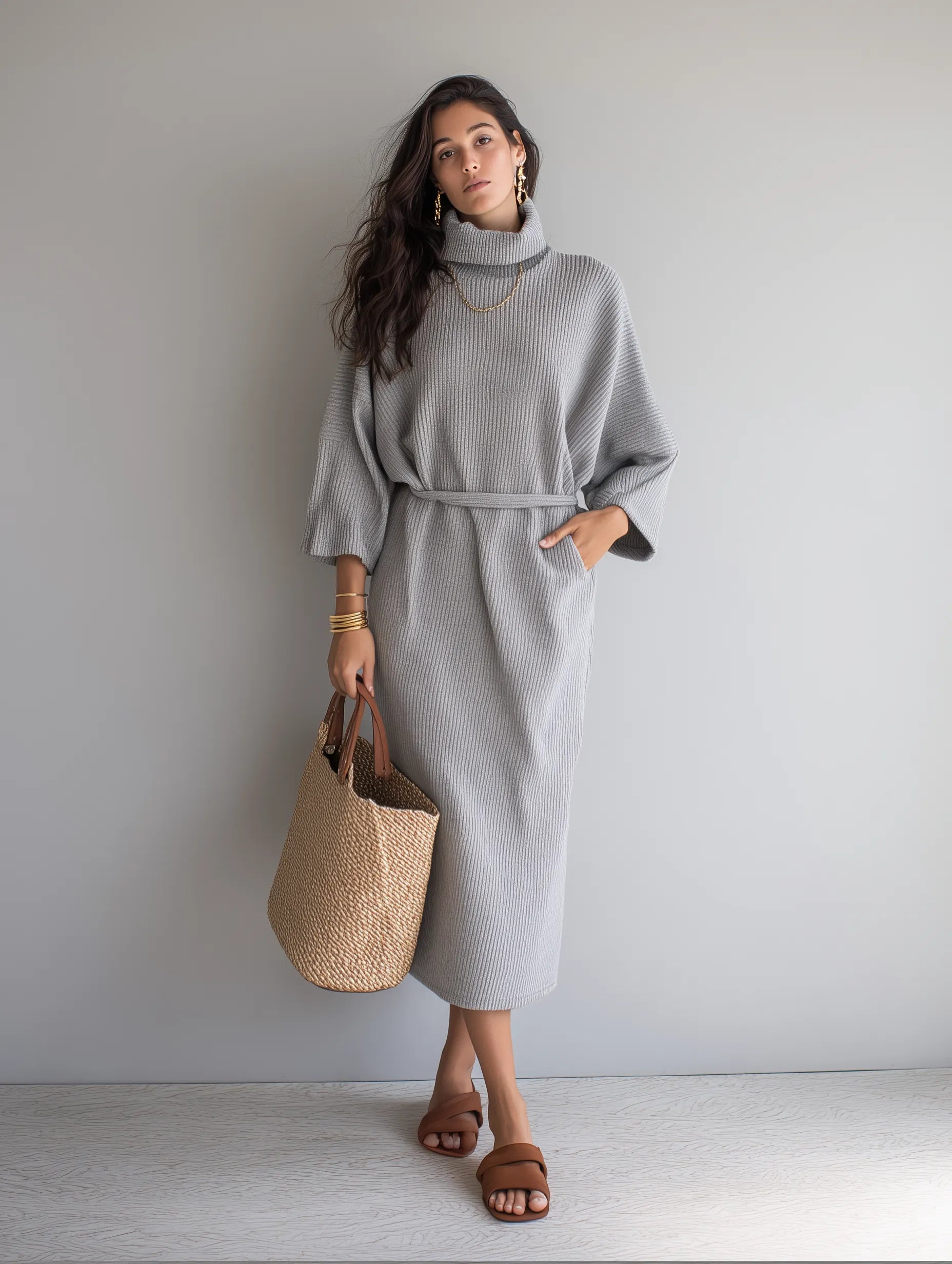 Elegant Light Gray Ribbed Turtleneck Sweater Dress