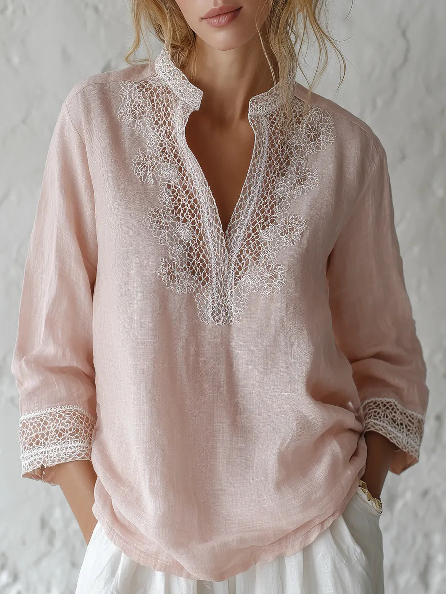 Delicate Blush Lace Trim Linen Blouse