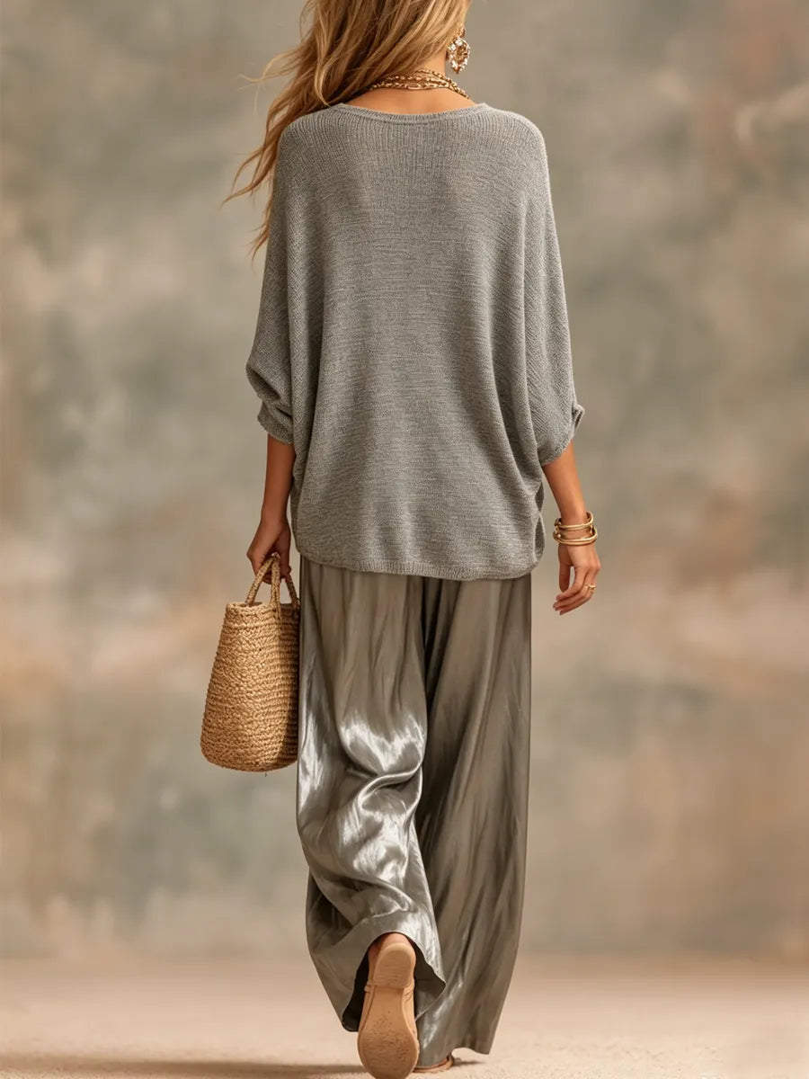 Charcoal Gray Knit Top And Glossy Wide-leg Pants Suit