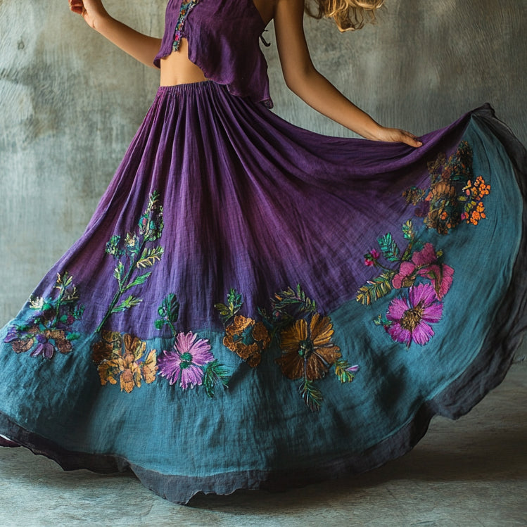 Vintage Floral Embroidered Gradient Pattern Art Linen Blend Skirt