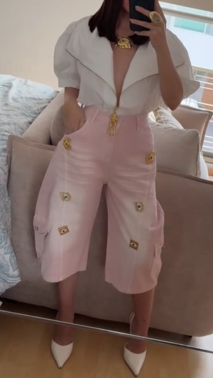 Puff Sleeve Top /Pink Eyelet Culottes