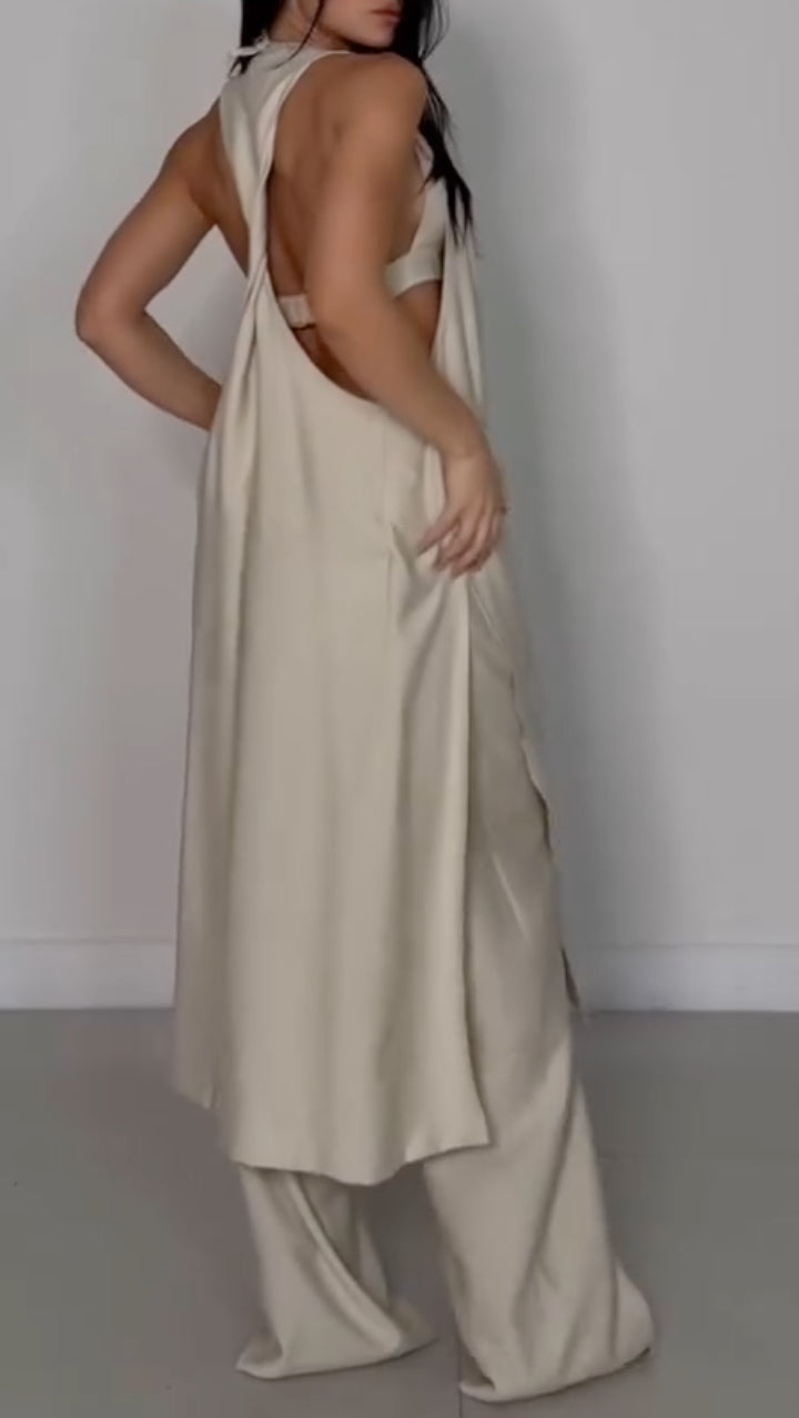 Beige Asymmetric Long Waistcoat Wide Leg Pants 3-Piece Set
