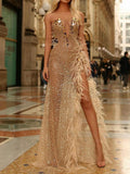 Bohemia Bandeau Sequined Backless See-Through Feathers Gold Maxi Dresses
