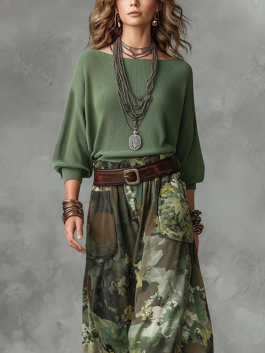Olive Green Batwing Sleeve Knit Top And Skirt Set