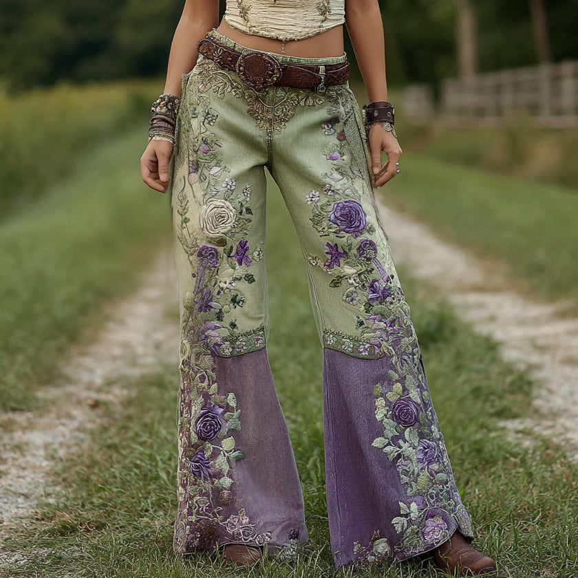 Women's Classy Gradient Purple Lavender And Floral Embroidered Art Loose Jeans