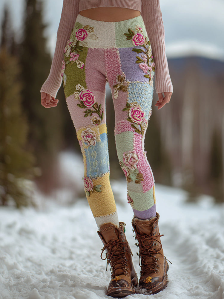 Women's Vintage Floral Patchwork Cozy Knit Leggings