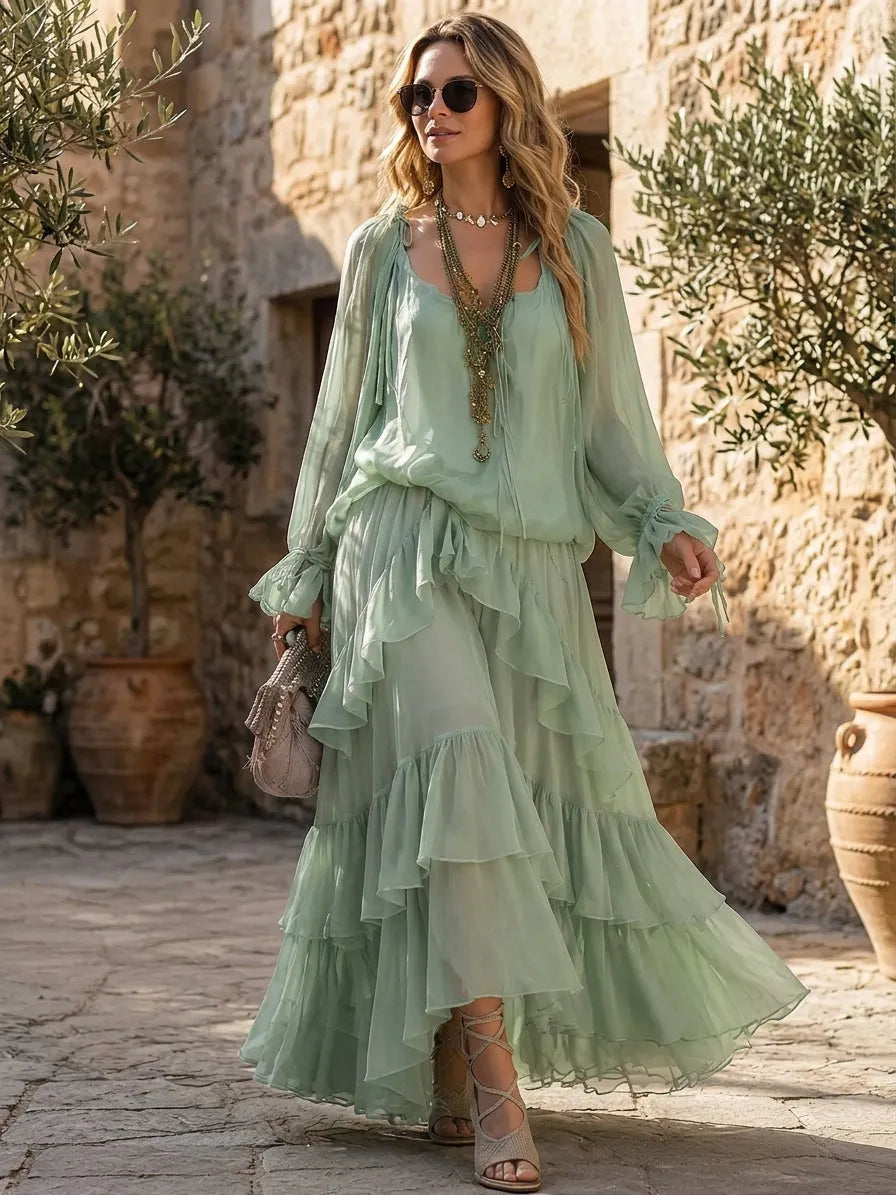 Bohemian Mint Chiffon Ruffle Blouse With Layered Skirt