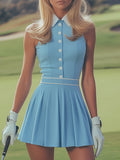 [24-hour shipping out]Elegant Sports White Button Detail Baby Blue Sleeveless Mini Dress