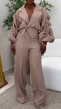 Women's Lantern Sleeve Suit Jacket + Trousers Casual Set