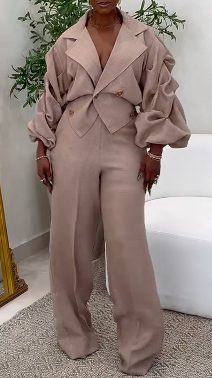 Women's Lantern Sleeve Suit Jacket + Trousers Casual Set