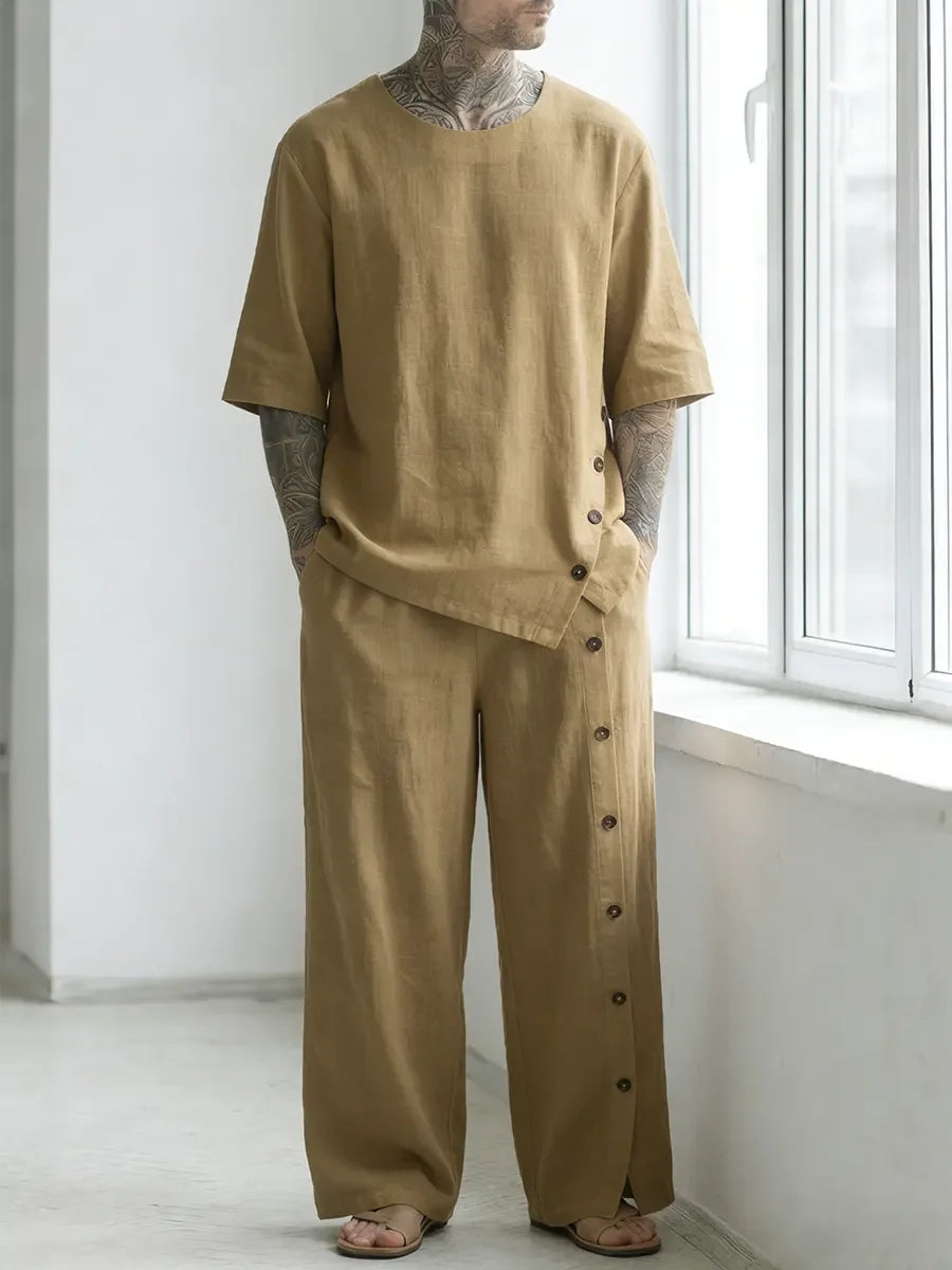 Men's White Linen Side Button Asymmetric Hem Wide Leg Two Piece Set