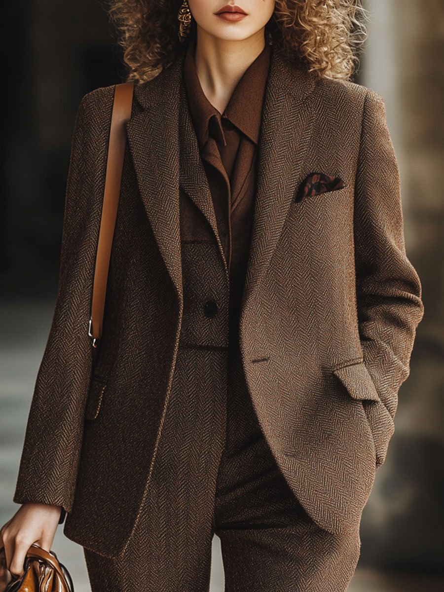 [24-hour shipping out]Casual Loose Simple Herringbone Wool Pocket Blazer