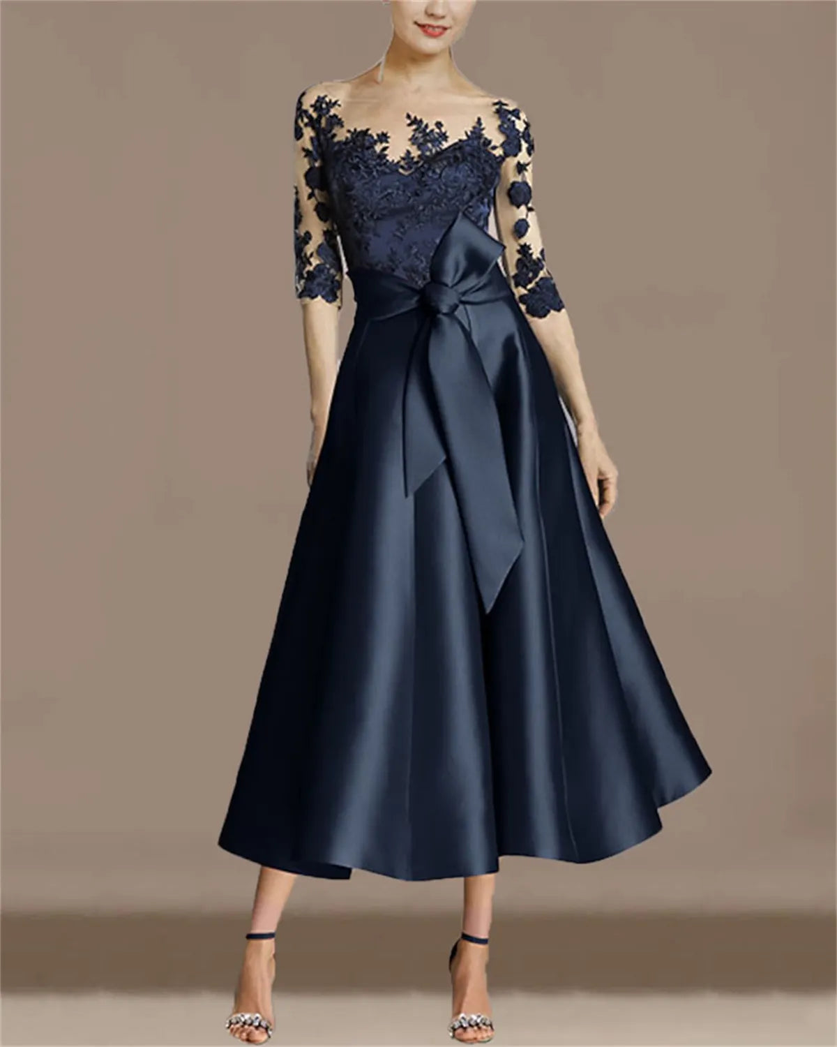 Women's Dark Blue Lace Mesh Satin Dress - 01