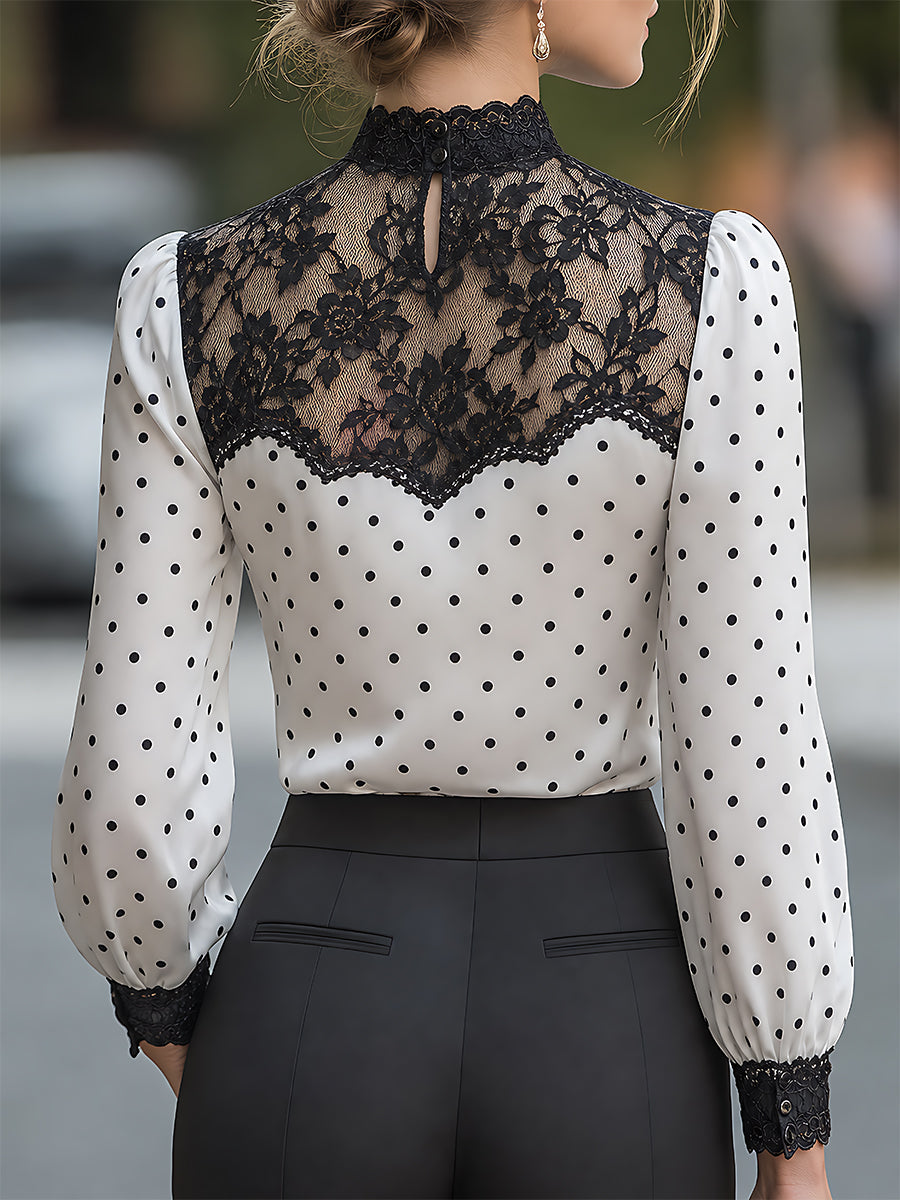 Polka-Dot Satin Lace-Yoke Long-Sleeve Blouse