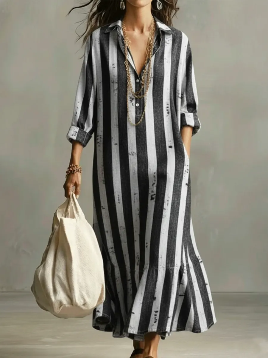 Retro Striped Ruffled Hem Dress