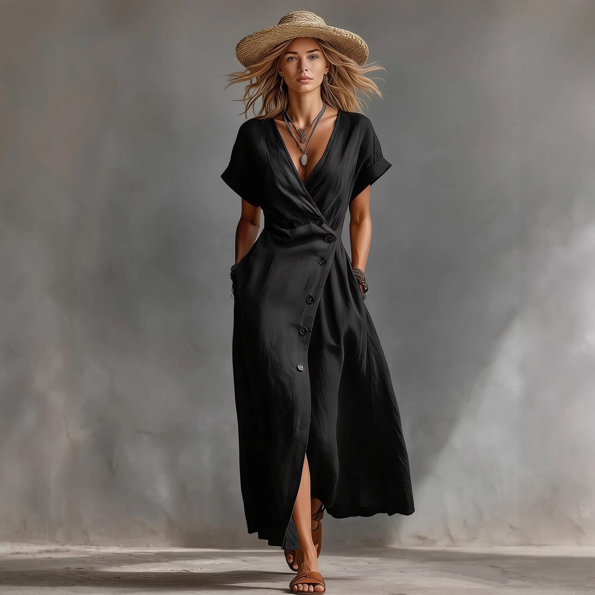 Vintage V-Neck Button Maxi Dress with Pockets