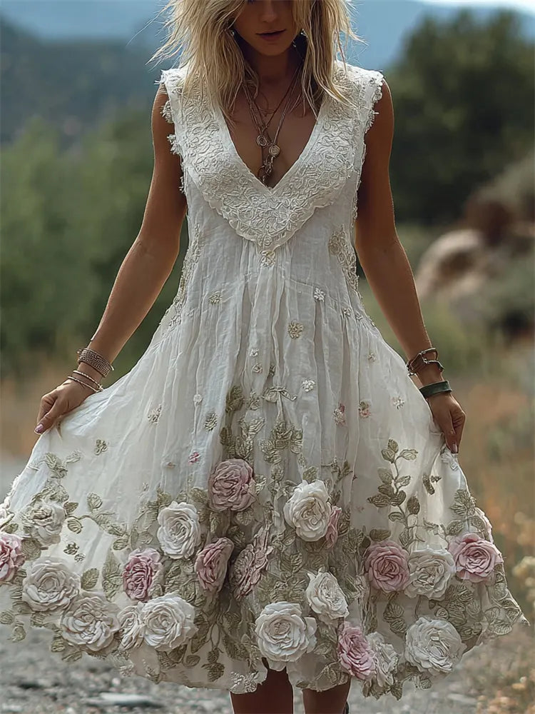 Vintage Boho Pink & White Roses Lace Flowy Linen Dress